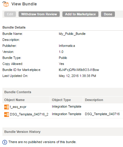 The image shows the View Bundle dialog and the Add to Marketplace option.
