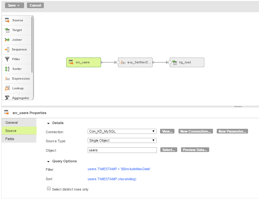 The sort and filter options are set in the Source transformation.