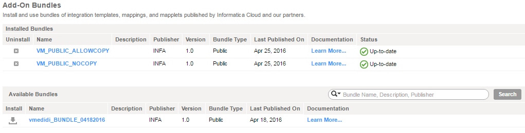 The Add-On Bundles page shows Available Bundles and Installed Bundles