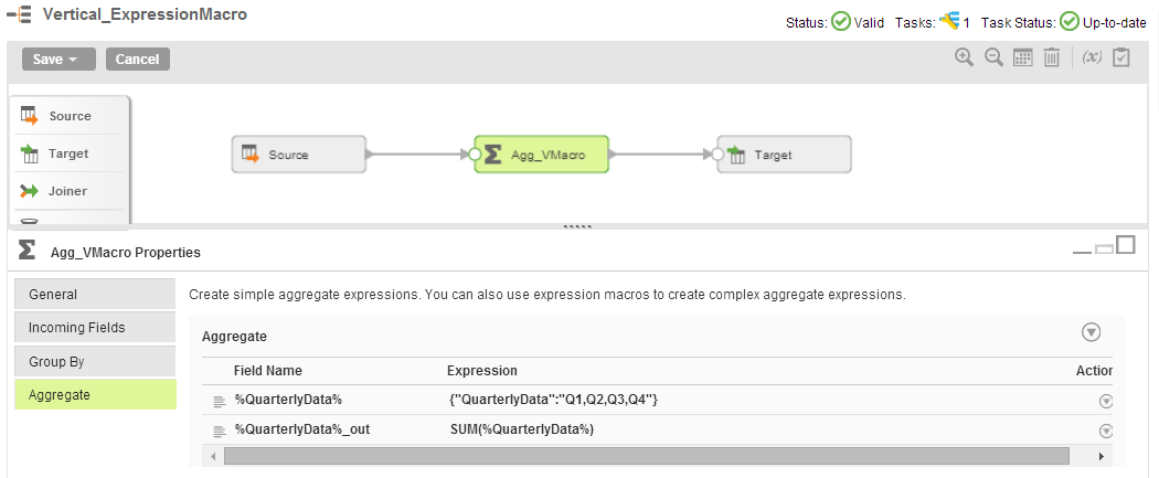 The image shows a mapping with a Source to Aggregator to Target. The Properties panel displays the Aggregate tab of the Aggregator transformation with a %QuarterlyData% macro input field that defines the input fields. It also shows the %QuarterlyData%_out macro output field with the following expression: SUM(%QuarterlyData%).