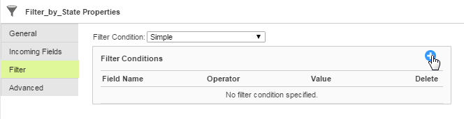 The new row displays the Field Name, Operator, Value, and Delete headings.