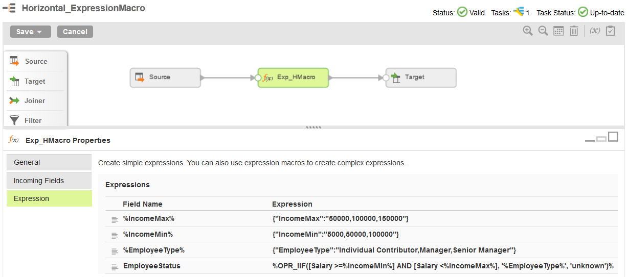 The image shows a mapping from Source to Expression to Target. The Properties panel shows the Expression tab of the Expression transformation. The %IncomeMax% macro input field includes the following constants: 50000, 10000, 150000. The %IncomeMin% field includes the following constants: 5000, 10000, 150000. The %EmployeeType% input field includes the following constants: Individual Contributor, Manager, Senior Manager. The EmployeeStatus transformation output field has the horizontal macro expression.