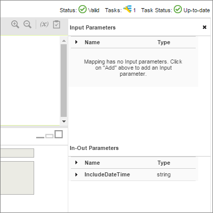 The image shows the Mapping Designer with the In-Out Parameters panel visible in the lower right corner.