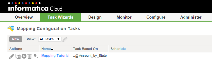 The Mapping Tutorial task is shown in the Mapping Configuration Task list. The task list includes actions you can perform on the task, such as edit, copy, delete, run, and schedule. The list also shows the name of the mapping on which the task is based and schedule information.