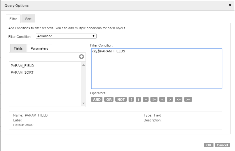 Shows an advanced filter condition with the field name parameterized