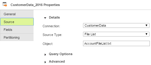 The Source tab for the Source transformation shows the File List source type. The source object is a file list text file.