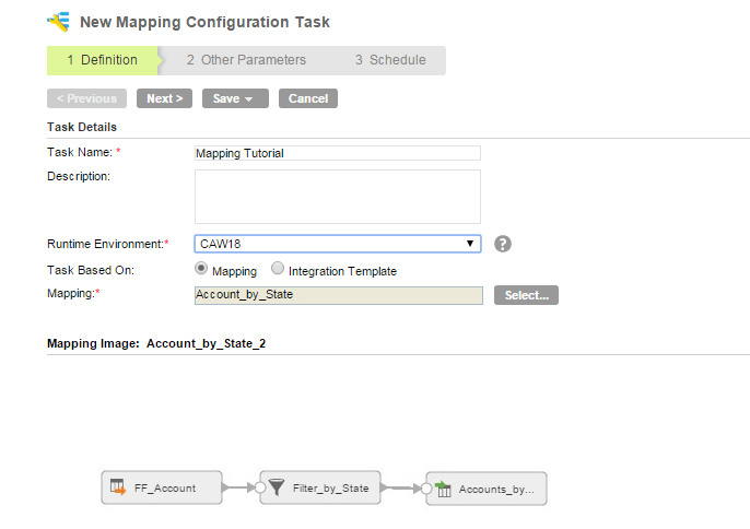 In the Definition page, you specify task details and select the runtime environment. You also indicate whether the task is based on a mapping or integration template and specify the mapping to use for the task. The Definition page also displays the mapping that you specify.