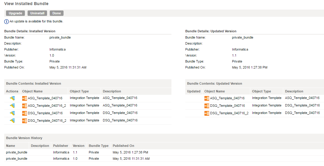 The image shows the View Installed Bundle page comparing the bundle details, contents, and history for two versions of the same bundle.