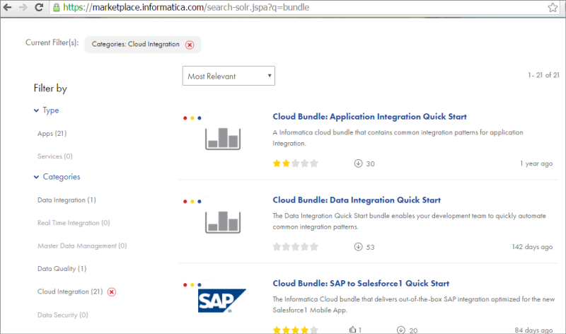 The Marketplace includes several cloud integration bundles.