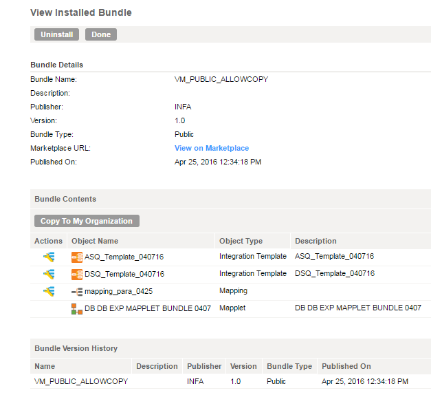 The image shows the Copy to My Organization option displayed in the Bundle Contents section.