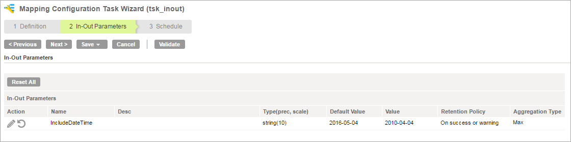 The image shows the Mapping Configuration Task Wizard with In-Out Parameters displayed for editing.