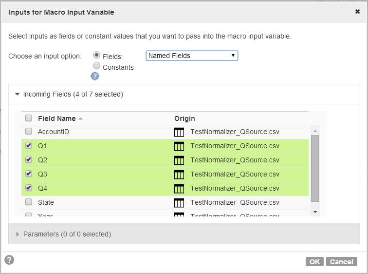 The Inputs for Macro Inputs dialog box shows the selection of the Fields input option and Named Fields field rule. The Incoming Fields list shows all incoming fields, with the Qx fields selected.