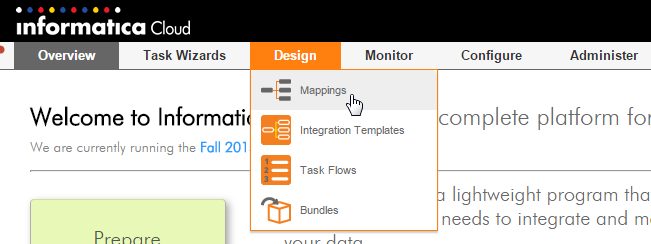 The Design menu includes the Mappings option and other options based upon your organization's license.