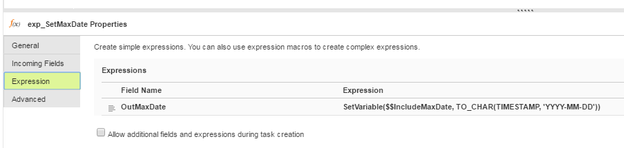The image shows the field expression for OutMaxDate, which is SetVariable($$IncludeMaxDate, TO_CHAR(TIMESTAMP, 'YYYY-MM-DD')).