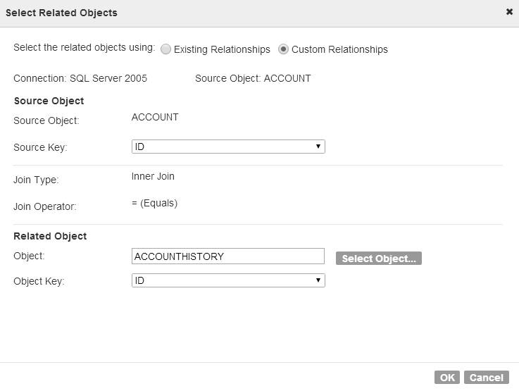 The image shows Account as the source object, AccountHistory as the Related Object, with an inner join on the ID field of each object.