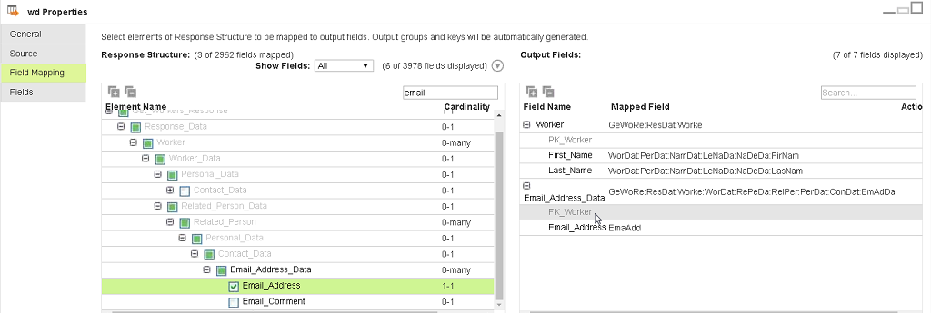 The Output Fields area indicates the primary and foreign keys.