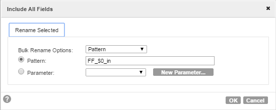 The Include All Fields dialog box shows the Pattern bulk rename option selected and FF_$0_in specified as the pattern to use to rename the fields.