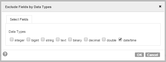 The Exclude Fields by Data Types dialog box shows the available data types that can be selected to determine which fields to exclude.