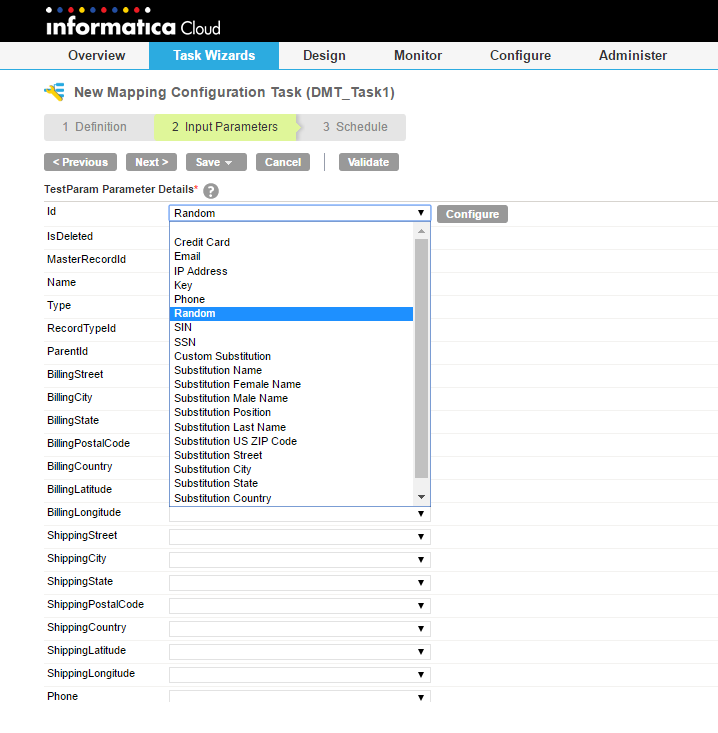 The image shows the second step in a Mapping Configuration task that contains a mask rule parameter. The list of masking techniques is open and the Random masking technique is selected from the list. The Configure button that you use to configure the masking technique is visible.