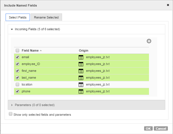 All the named fields are included from the second input group except the "location" field.