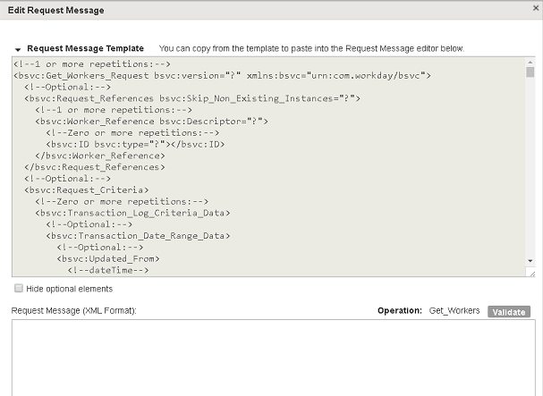 The Edit Request Message dialog box shows a request message template and the request message editor pane where you can revise the request message.