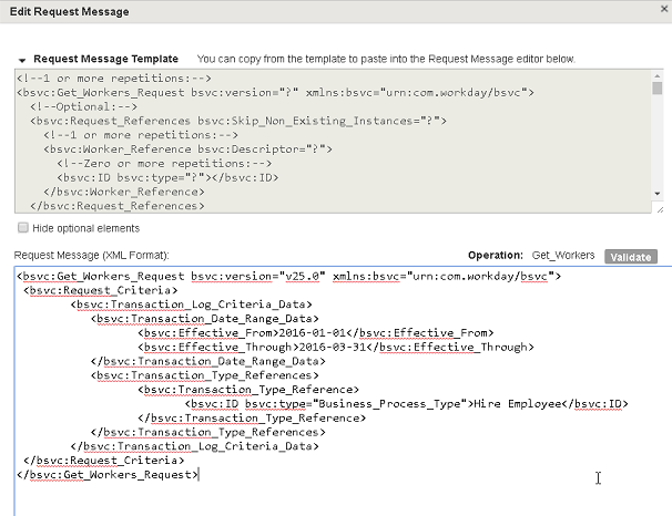 The request message editor pane shows an example of a request message that was revised to include Effective_From and Effective_Through dates.