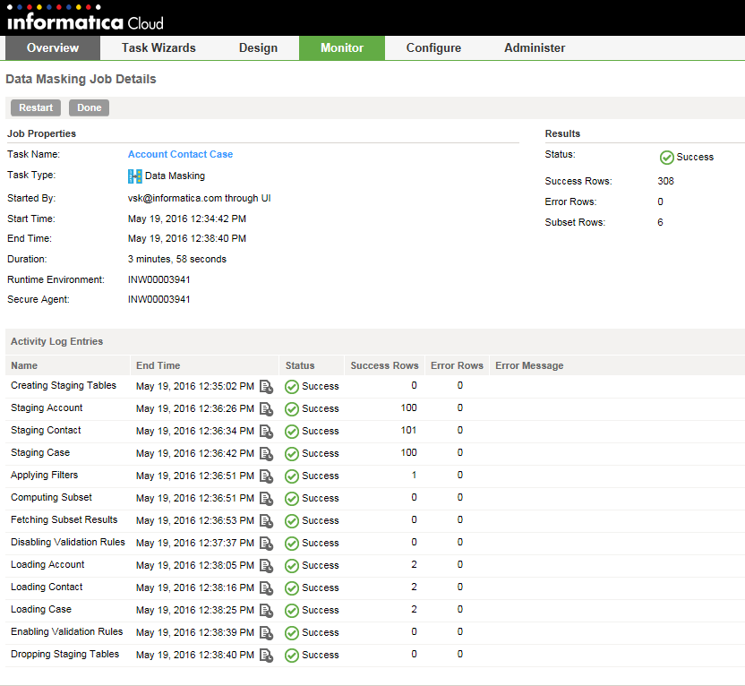 The Data Masking Job Details window shows the activity log entires for a data subset operation in a Data Masking task.