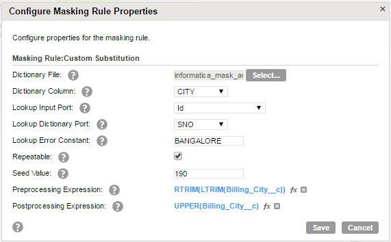 The Configure Masking Rule dialog box shows the masking rule properties that you configure with custom dictionaries.