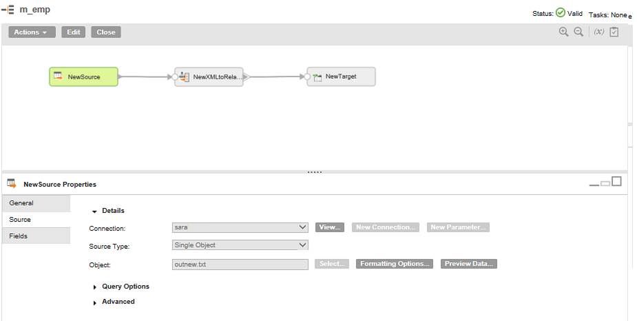 The source object details show the the connection, type of source, and the input file.