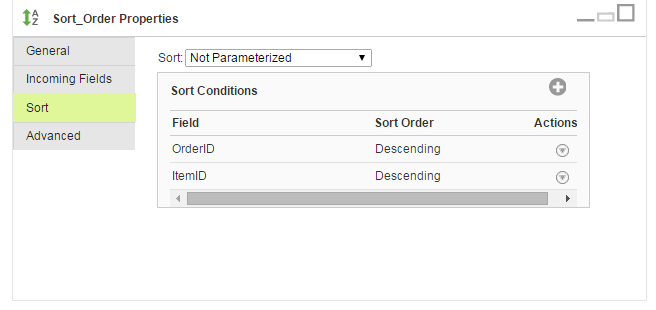 The Mapping Designer shows that in the Properties panel, on the Sort tab, there are two sort conditions defined. The OrderID field and the ItemID field are configured to sort in descending order.