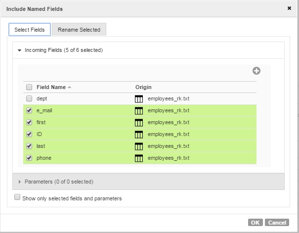 All the named fields are included from the first input group except the "dept" field.