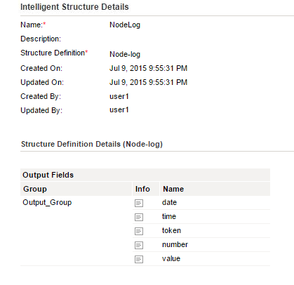 The structure definition details show the properties of the NodeLog structure definition, such as the description, structure definition model, user name, time of creation of the structure definition, and the list of output fields in the structure definition.