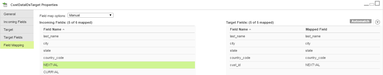 The Field Mapping tab shows the NEXTVAL output field is mapped to the CustId field.