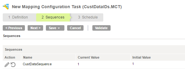 The Sequences tab in the Mapping Configuration Task wizard shows the Current Value is 1 and the Initial Value is 1.