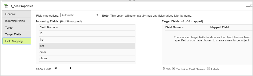 The incoming fields are automatically mapped to the target fields.