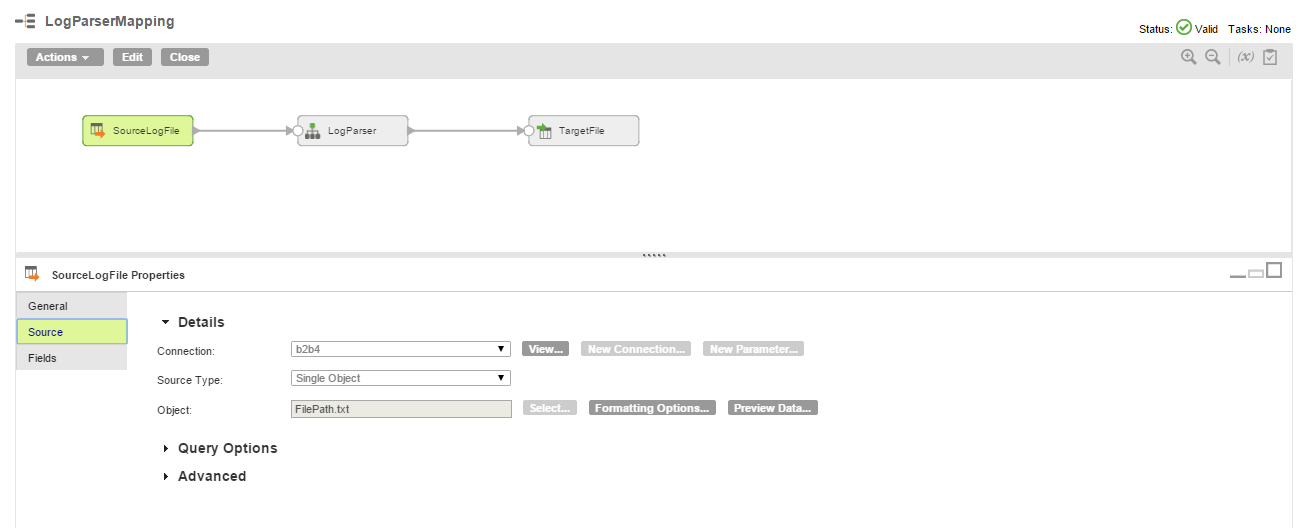 The source object details show the the connection, type of source, and the input file.