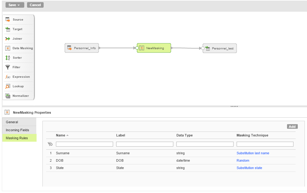 The Mapping Designer shows that masking techniques are assigned to the incoming fields in the Data Masking transformation object. The Substitution last name technique is assigned to the Surname field, the Random technique is assigned to the DOB field, and the Substitution state technique is assigned to the State field.