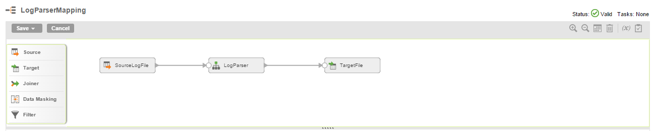 The mapping shows the data flow from the SourceLogFile source to a Structure Parser transformation with name LogParser. The Structure Parser transformations is linked to the TargetFile target.