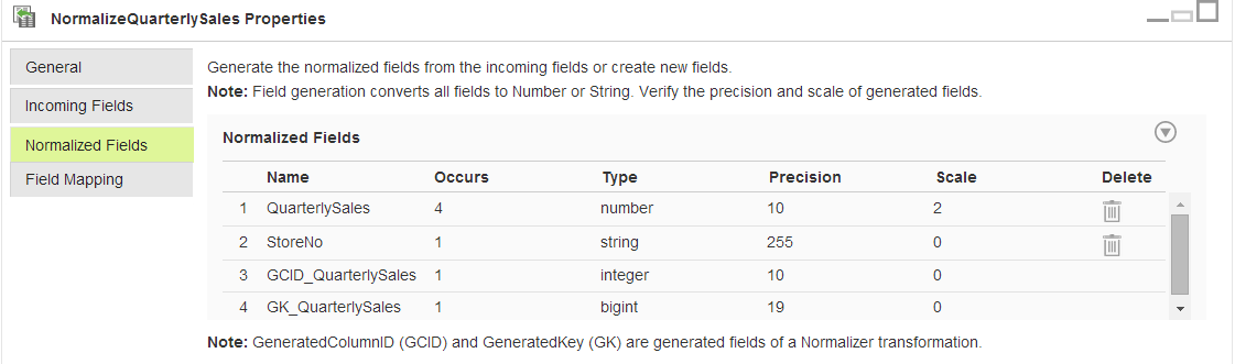 The Normalized Fields tab includes the two added fields as well as a GCID_QuarterlySales field and a GK_QuarterlySales field.