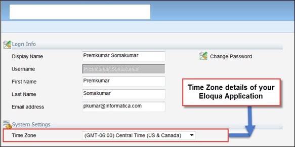 You can view the time zone of the Eloqua application under the System Settings section.