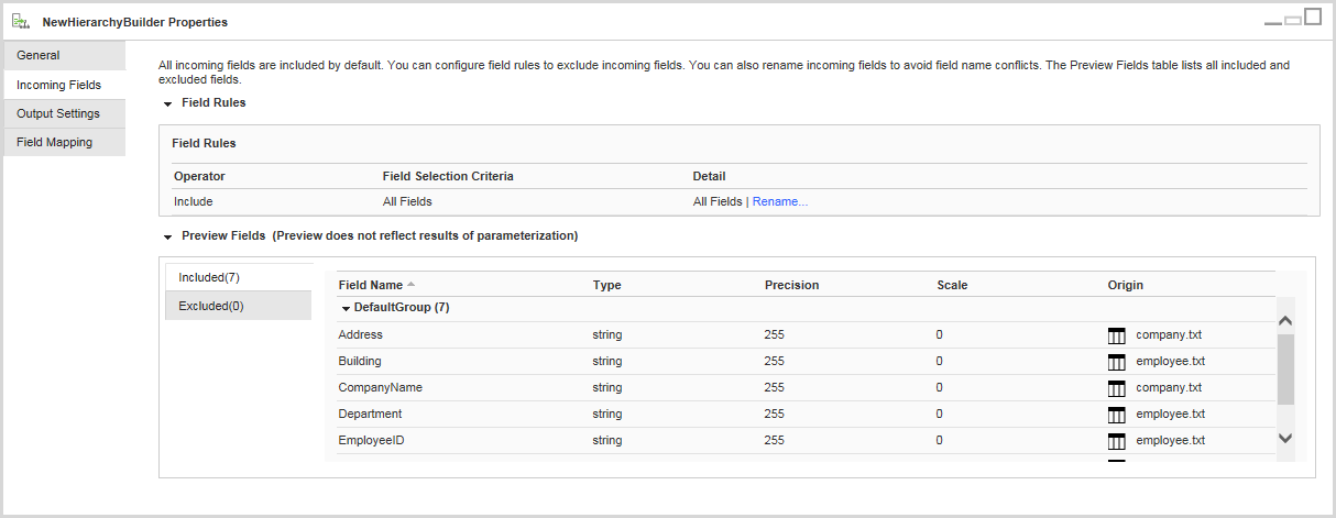 The Field Mapping tab shows the incoming fields that you can map to the Structure Parser input fields.