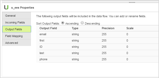 The image shows the output fields to be included in the data flow.