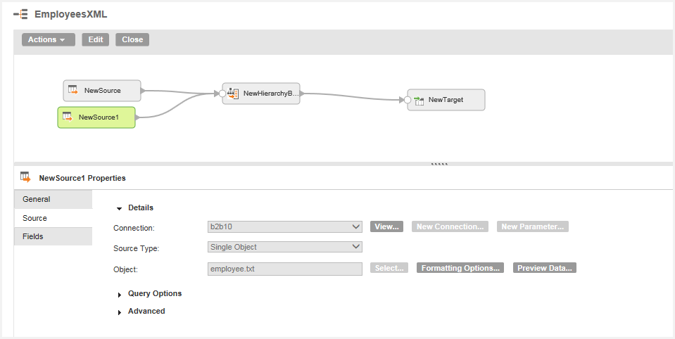 The source object details show the the connection, type of source, and the input file.