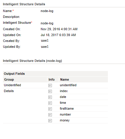 The structure definition details show the properties of the NodeLog structure definition, such as the description, structure definition model, user name, time of creation of the structure definition, and the list of output fields in the structure definition.