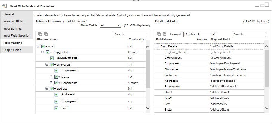 The Field Mapping tab shows the incoming fields that you can map to the Structure Parser input fields.