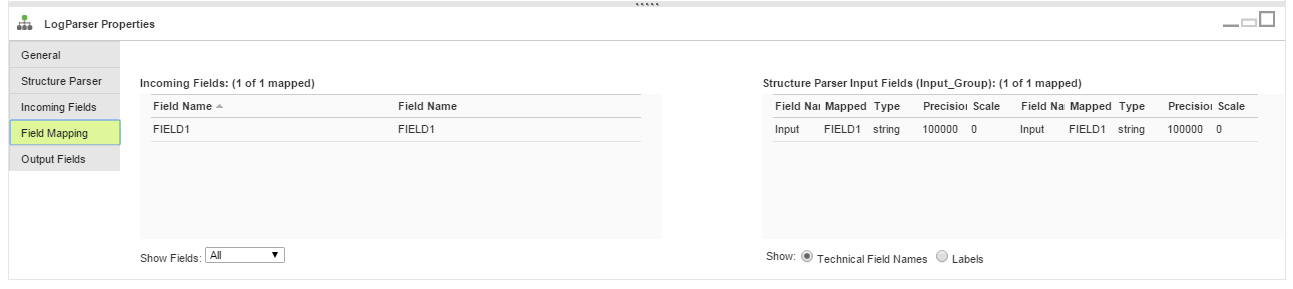 The Field Mapping tab shows the incoming fields that you can map to the Structure Parser input fields.