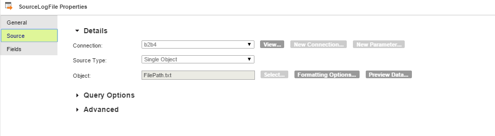 The source object details show the the connection, type of source, and the input file.