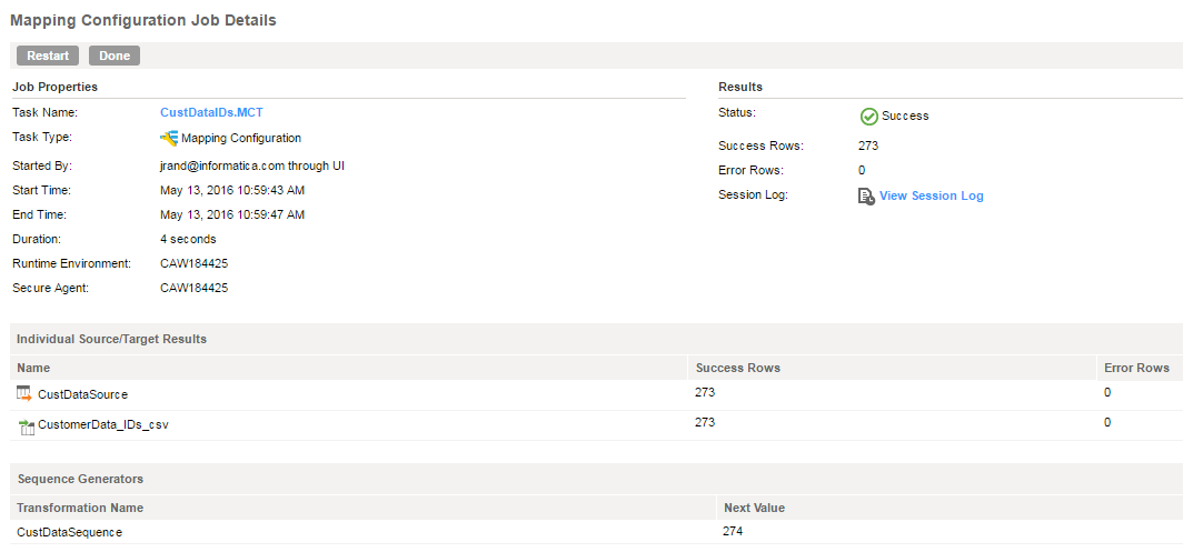 The Mapping Configuration Job Details page for the CustDataIDs task shows the Next Value is 274. It also shows that the last time the task ran, the task processed 273 successful rows and no error rows.