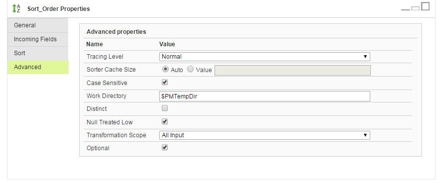 The Mapping Designer shows that in the Properties panel, on the Advanced tab, the Null Treated Low property is selected.