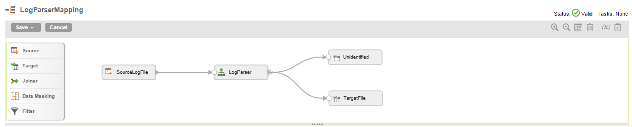 The mapping shows the data flow from the SourceLogFile source to a Structure Parser transformation with name LogParser. The Structure Parser transformations is linked to the TargetFile target.